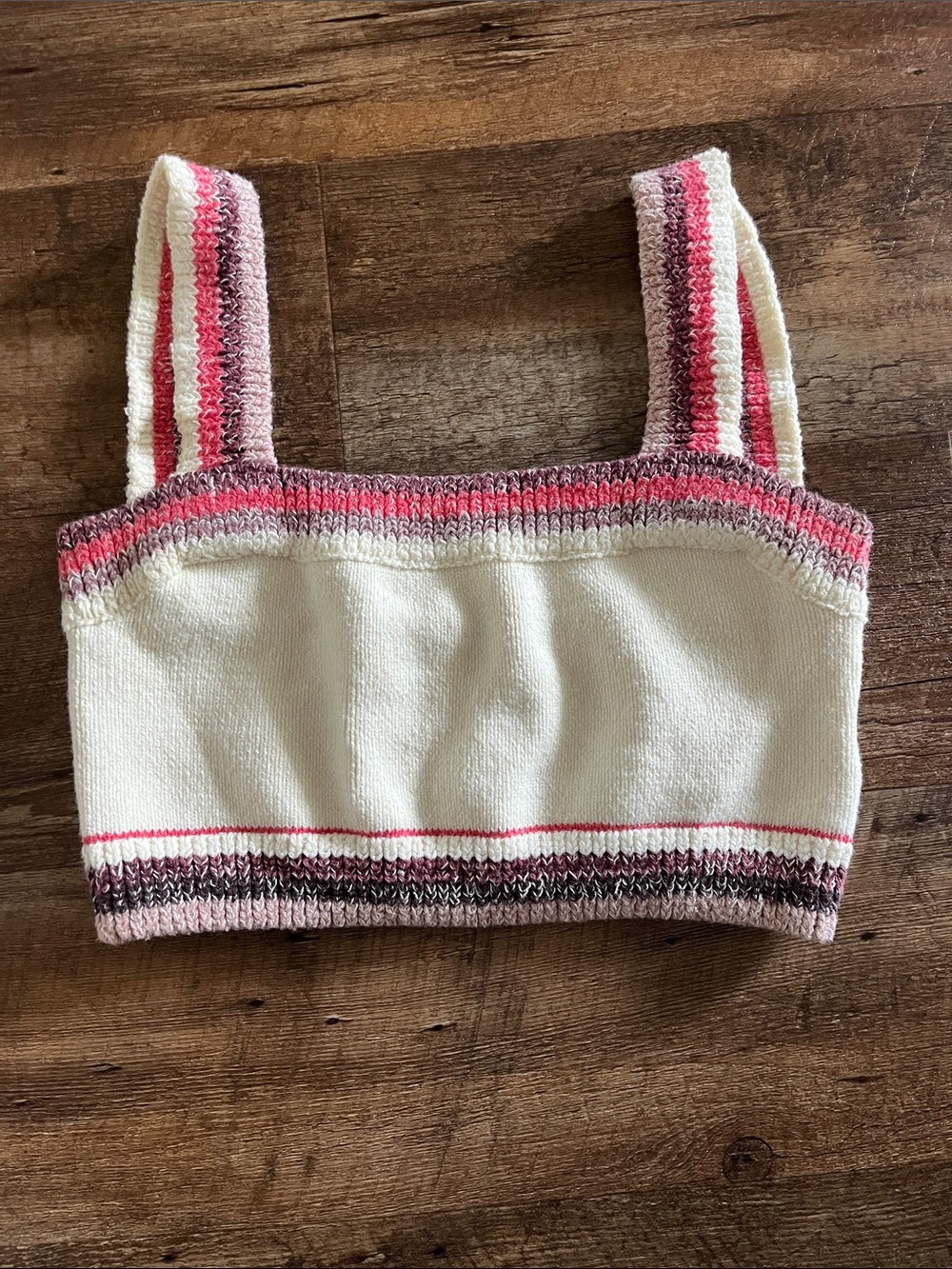 Free People Cream Knit Stripe Crop Tank Top with Pink Accents